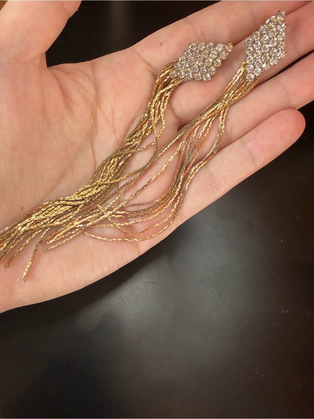 Gold Long Tassel Rhinestone Drop Earrings